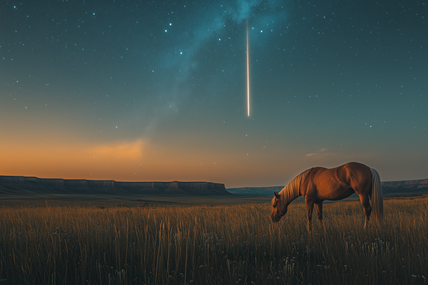 Dramatic Comet Over Grazing Horse