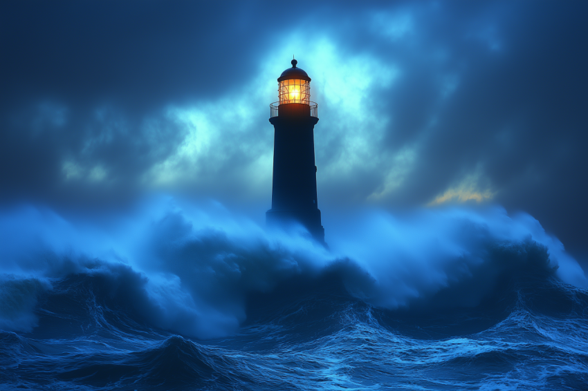 Waves Crash Below Lighthouse Silhouette