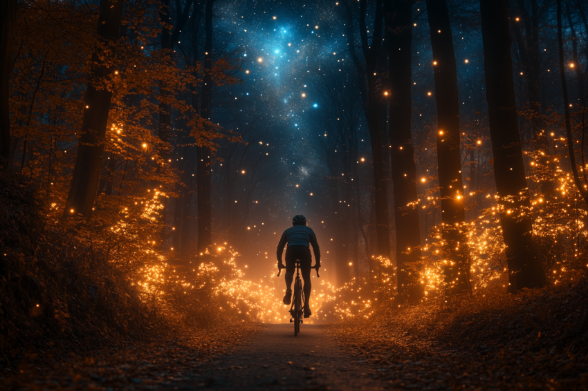 Cyclist Riding Through Forest at Night
