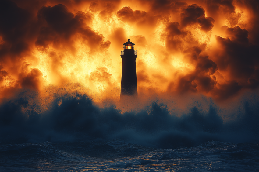 Lighthouse Silhouette with Crashing Waves
