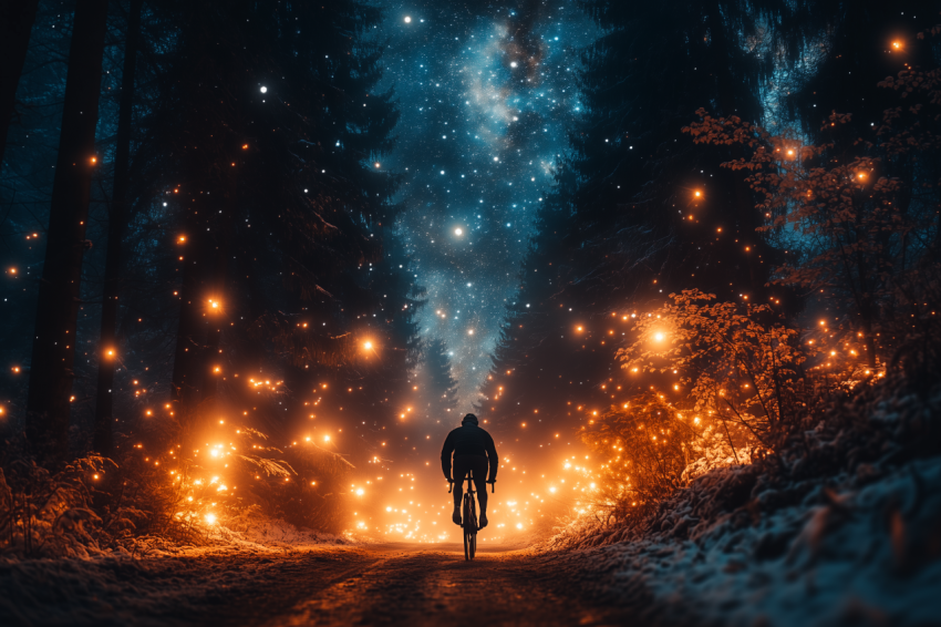 Dramatic Cyclist in Forest Under Stars