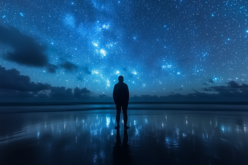 Starry Night with Surfer Waiting for Waves