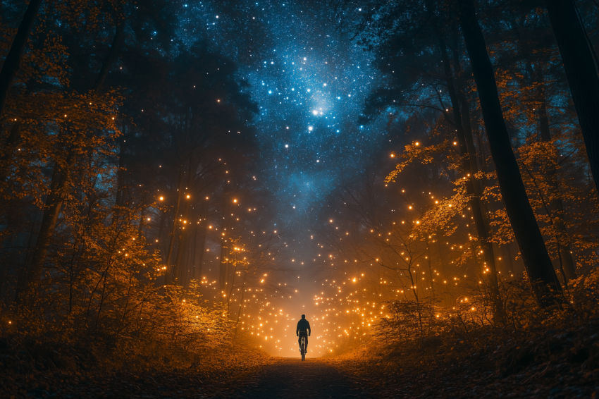 Serene Cyclist Under Starry Forest Sky