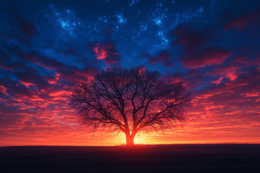 Dramatic Sunset Over Lone Tree