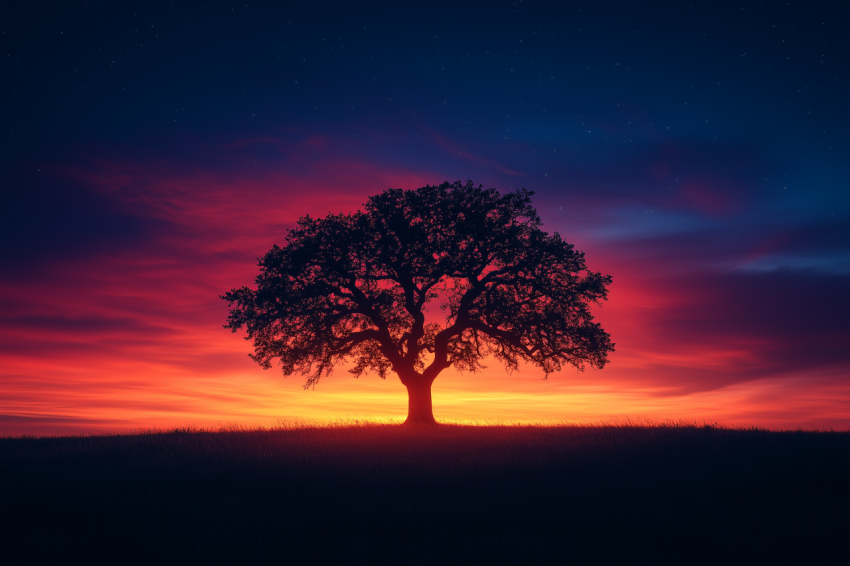 Starry Night with Sunset and Lone Tree