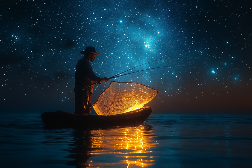 Dramatic Fisherman Under Starry Ocean