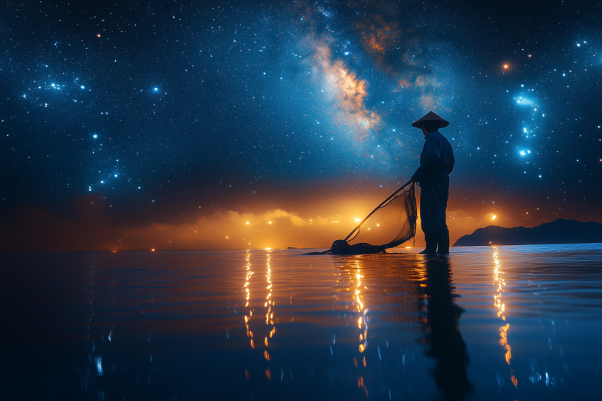 Starry Night with Fisherman Casting Net
