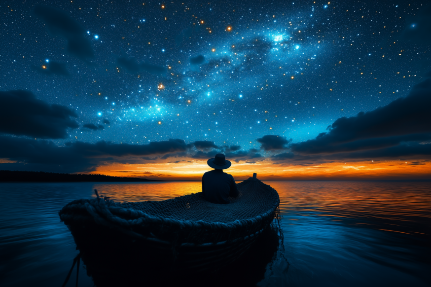 Serene Fisherman Under Glowing Ocean