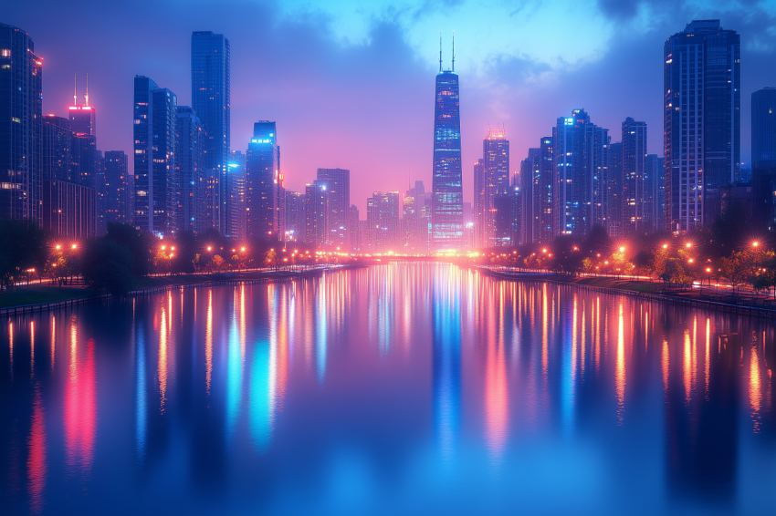 Starry Night with City Skyline Reflection