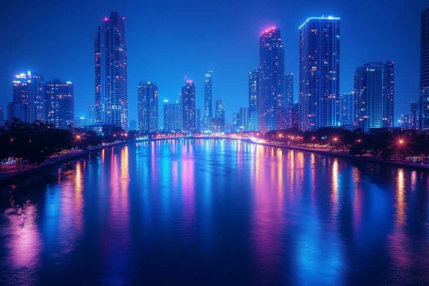 Vibrant City Lights on Calm River