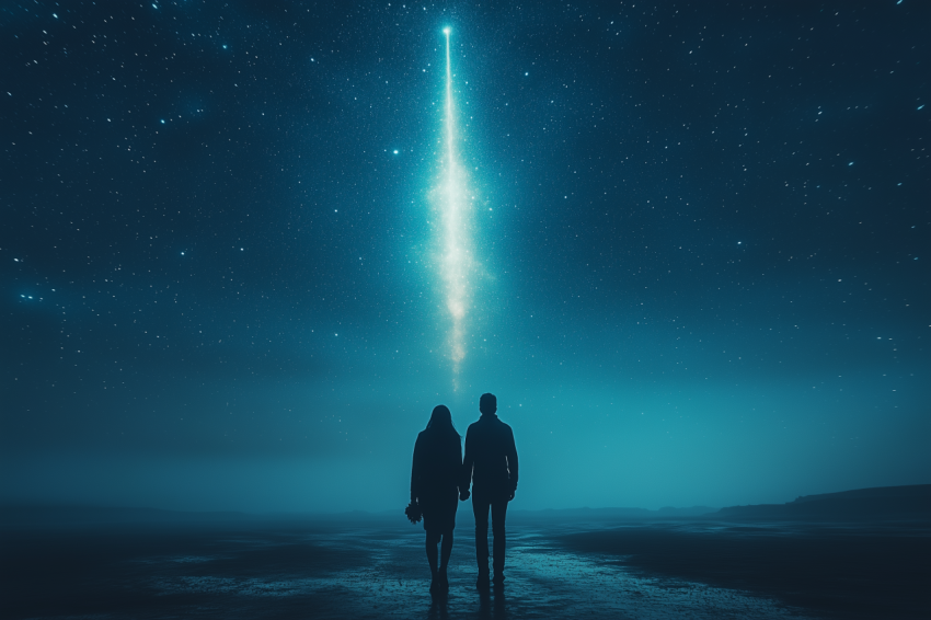 Couple Walking Under Starry Sky with Comet