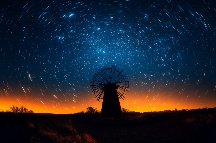 Windmill Silhouette with Swirling Stars