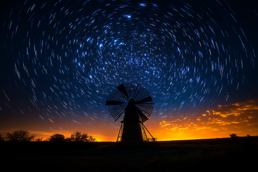 Dramatic Windmill Under Swirling Stars