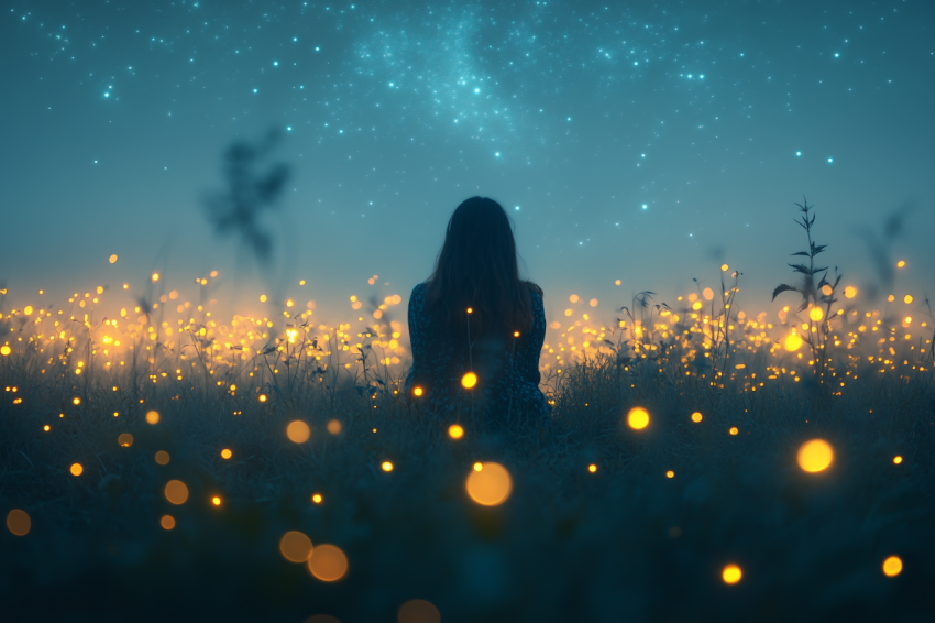 Birdwatcher in Marsh Under Starry Sky