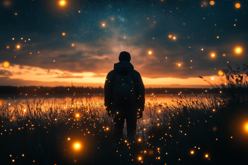 Starry Night with Birdwatcher in Marsh