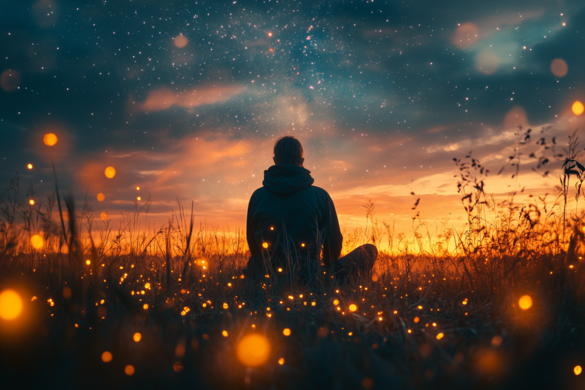 Serene Birdwatcher Under Glowing Fireflies