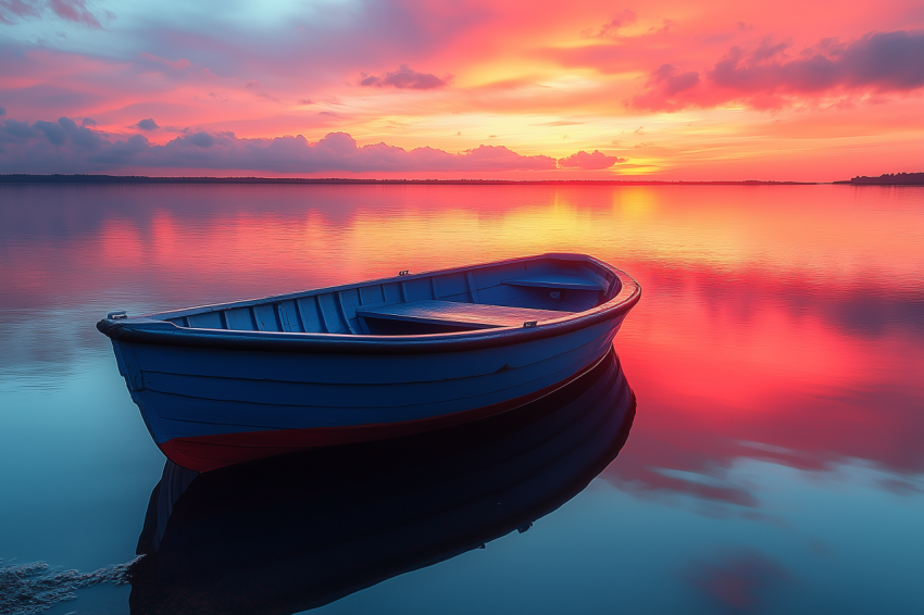 Sunrise with Lone Boat on Calm Lake