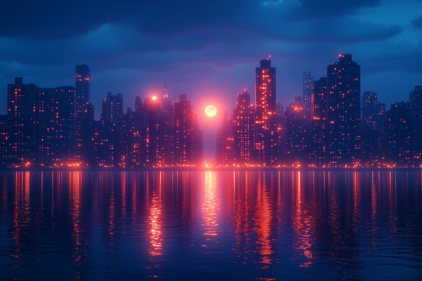 Starry Night with Cityscape and Full Moon