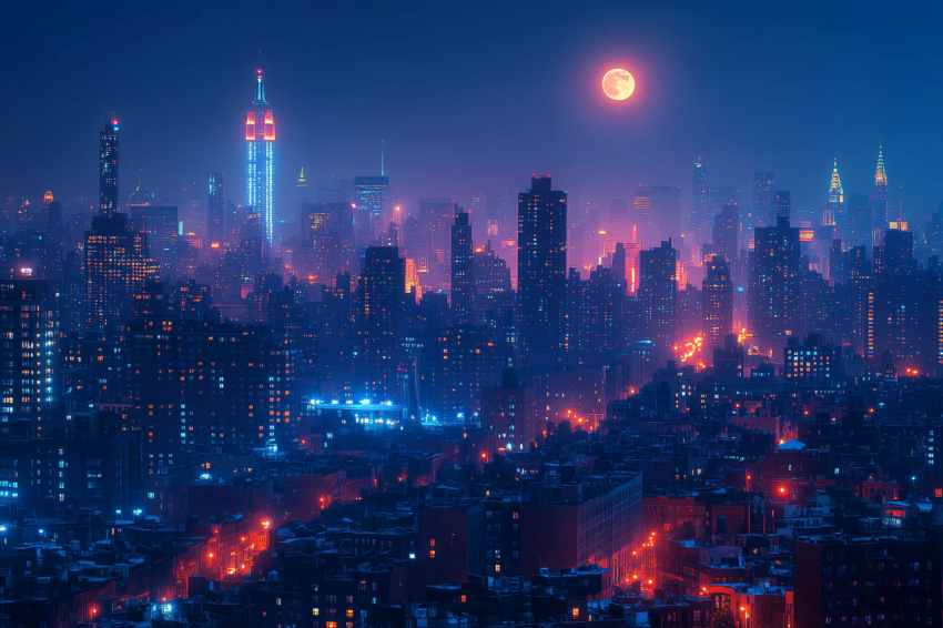 Vibrant Cityscape Under Full Moon Glow