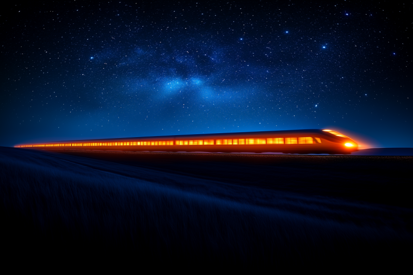 Dramatic Train in Tunnel Under Stars