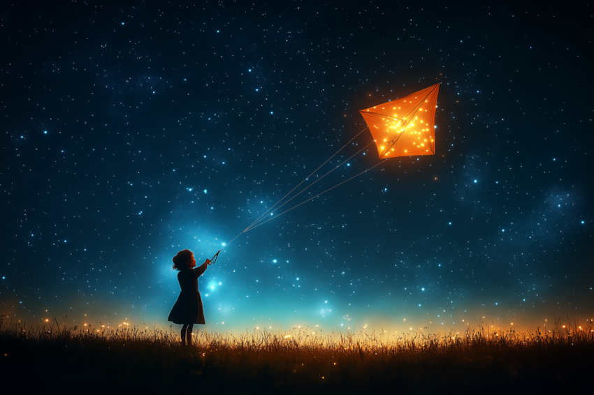 Child Flying Kite Under Starry Sky with Comet
