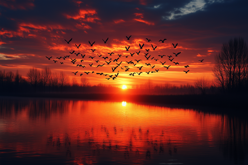 Sunset with Flock of Birds in Formation