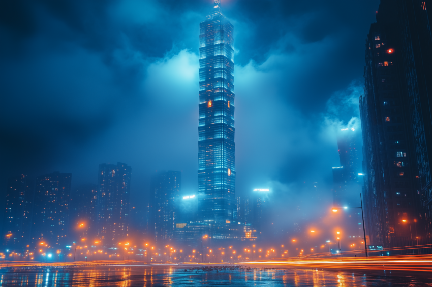 Skyscraper Silhouette with Streaking Car Lights