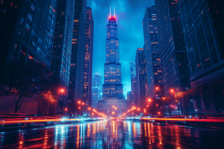 Streaking Car Lights Under Skyscraper