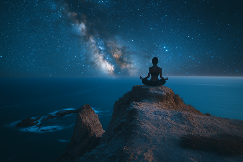 Serene Yogi Under Starry Ocean Sky