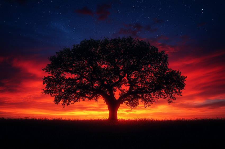 Vibrant Sunset with Tree Silhouette