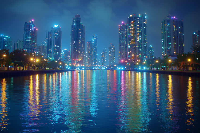 Dramatic City Lights Over Calm River
