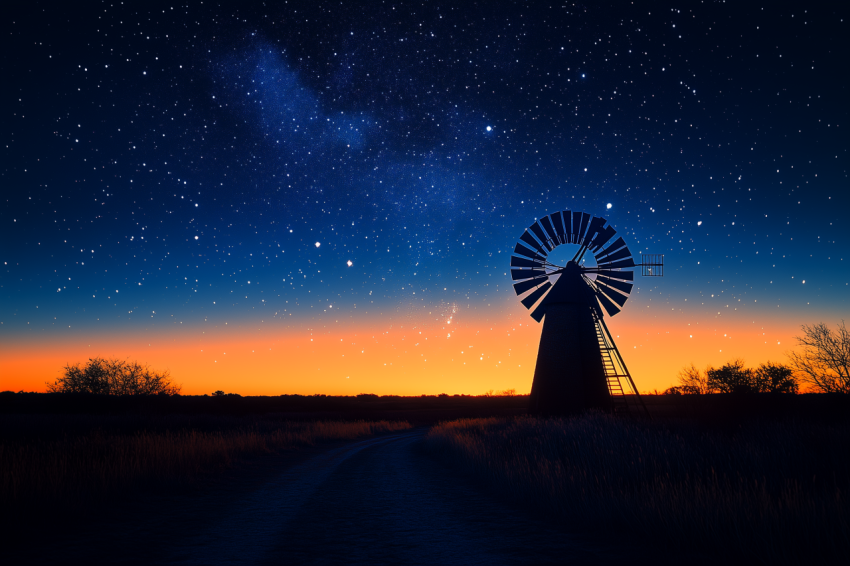 Swirling Stars Over Windmill Silhouette