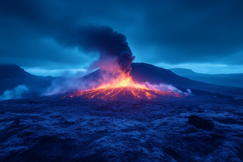 Volcano Silhouette with Glowing Lava
