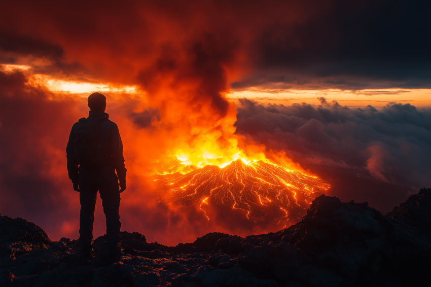 Glowing Lava Under Volcano Silhouette