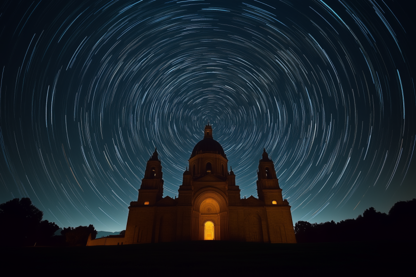 Dramatic Cathedral Under Swirling Stars