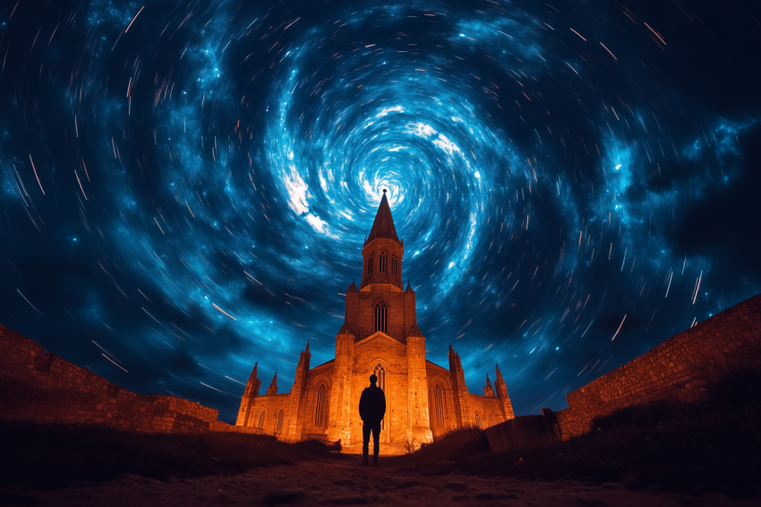 Swirling Stars Over Cathedral Silhouette