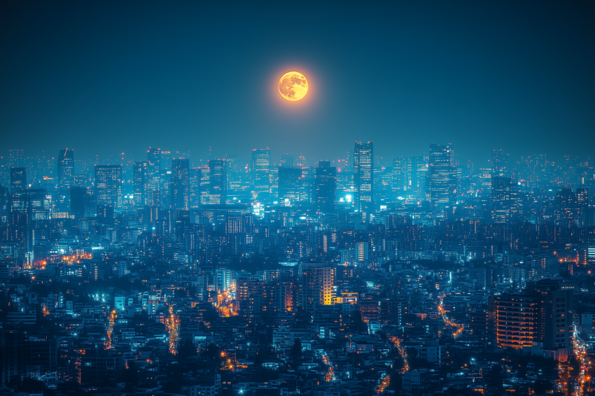 Dramatic Cityscape Under Full Moon