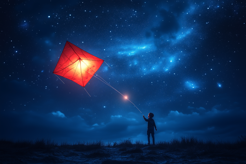 Dramatic Comet Over Child Flying Kite