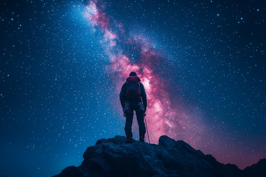 Mountain Climber Silhouette with Milky Way