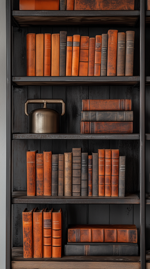 Modern Industrial Bookshelf with Leather Journals and Metallic Bookends