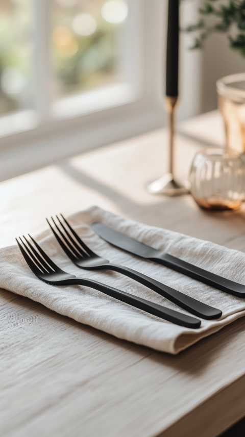 Minimalist Scandinavian Dining Table with Linen and Black Cutlery