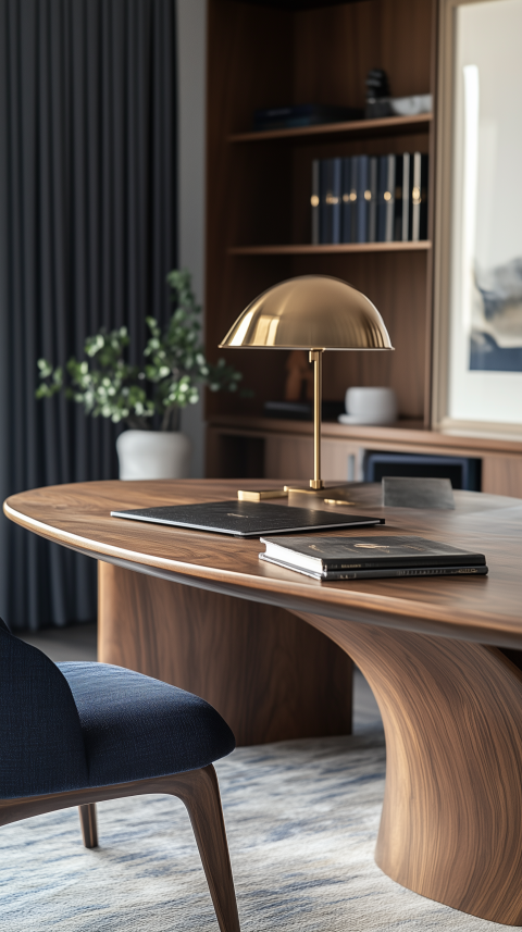 Modern Workspace with Curved Walnut Desk and Brass Accents