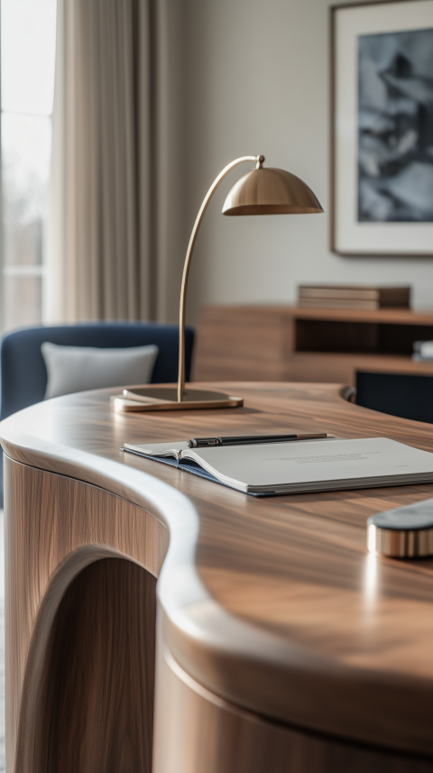 Sleek Modern Workspace with Walnut Desk and Brass Details