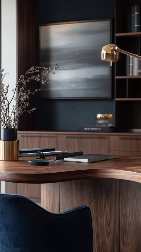Stylish Modern Workspace with Walnut Desk and Brass Highlights