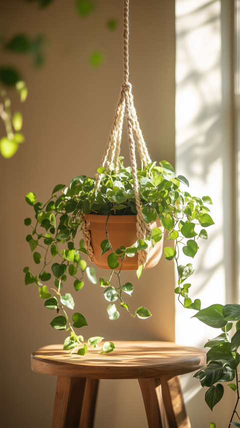 Bohemian Side Table with Macramé Plant Hanger and Trailing Pothos