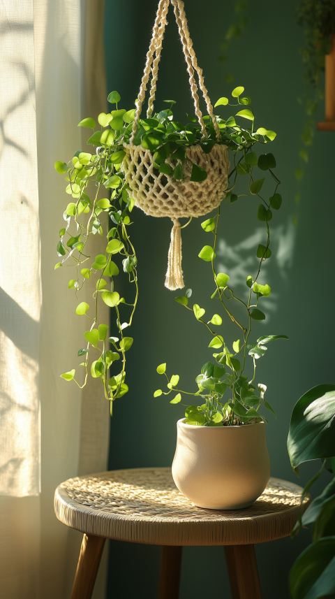 Cozy Bohemian Side Table with Macramé and Pothos Decor