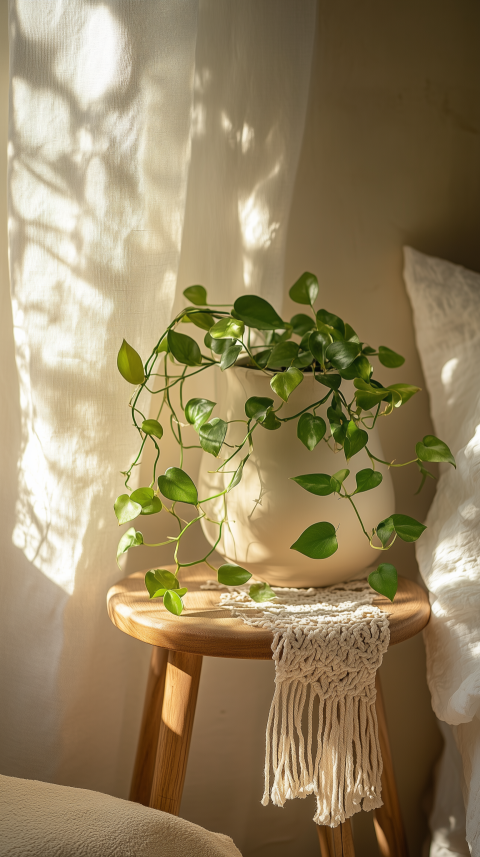 Rustic Bohemian Side Table with Macramé and Trailing Pothos