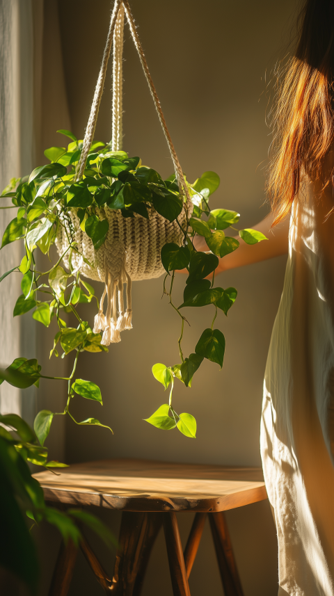 Earthy Bohemian Side Table with Macramé and Pothos Details