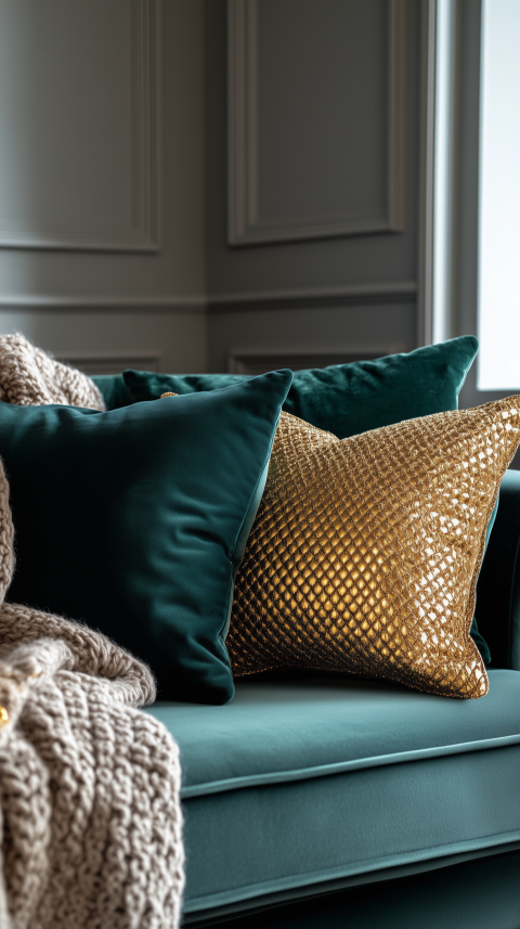 Velvet Sofa with Knitted Throw and Metallic Pillows