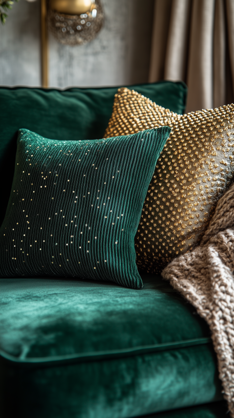 Luxurious Velvet Sofa with Knitted Throw and Metallic Details